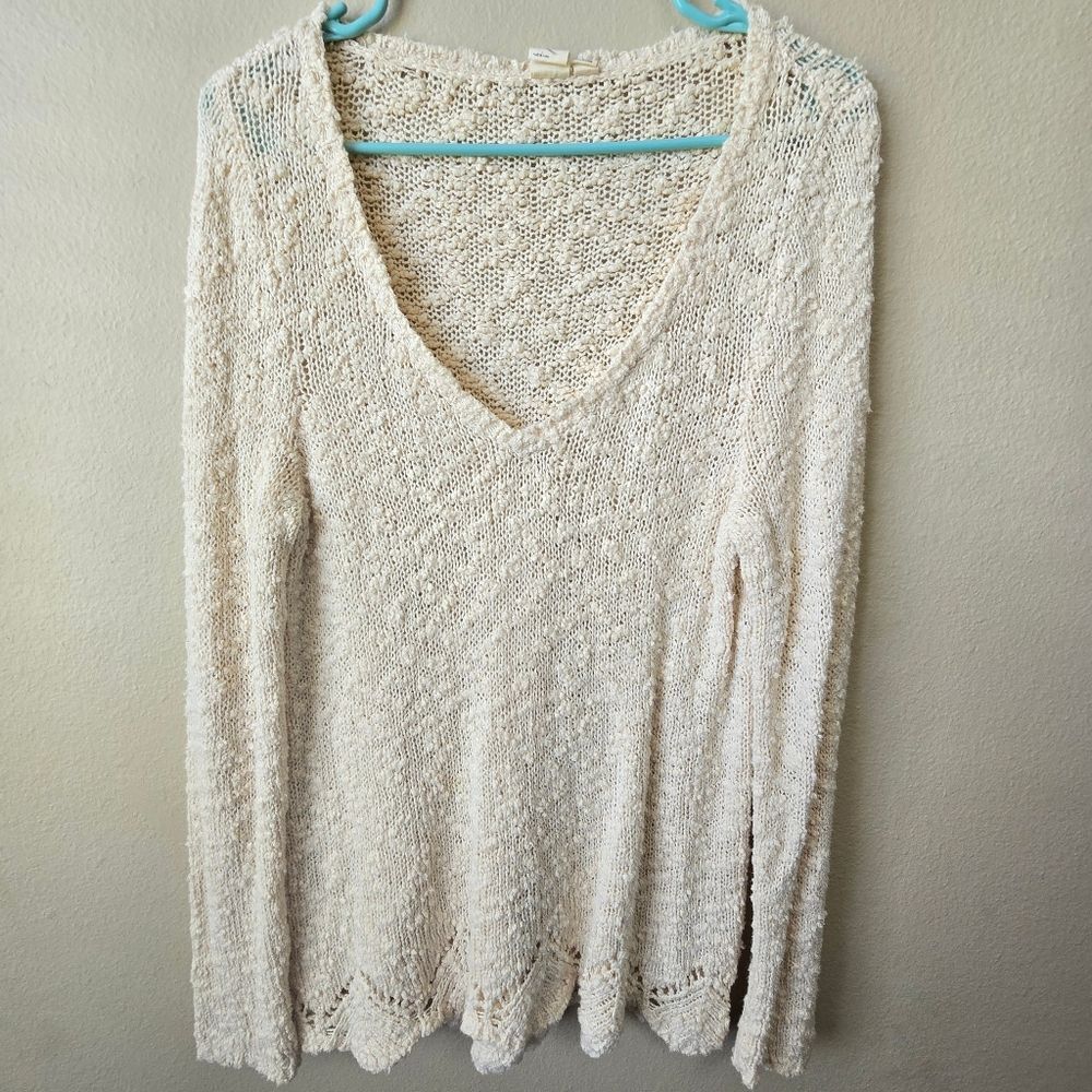 ANTHROPOLOGIE Little Yellow Bird Peaked Pointelle Cream Sweater‎ Medium V Neck